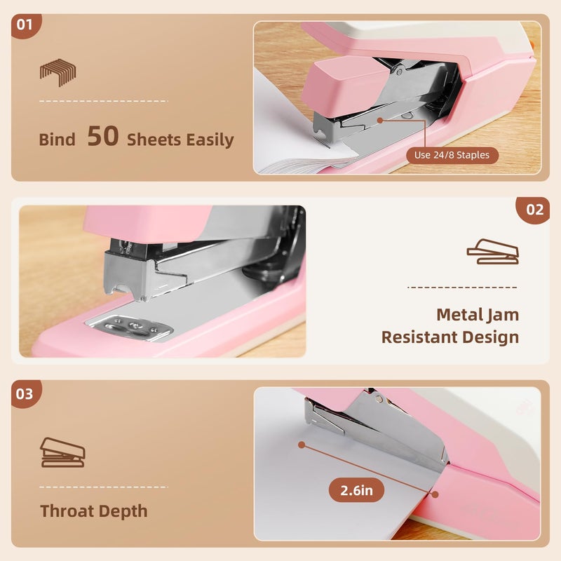 Deli Effortless Desktop Stapler, Heavy Duty Stapler, 40 Sheet Capacity, One Finger, No Effort, Includes Staples & Staple Remover, Pink - Image 4